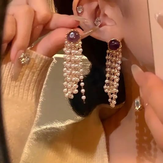 El Regalo Elegant Purple Stone Stud Pearl Tassel Earrings for Women & Girls, Multi-Strand Pearl Drop Dangle Earrings, 6cm Long Gold Plated Statement Earrings
