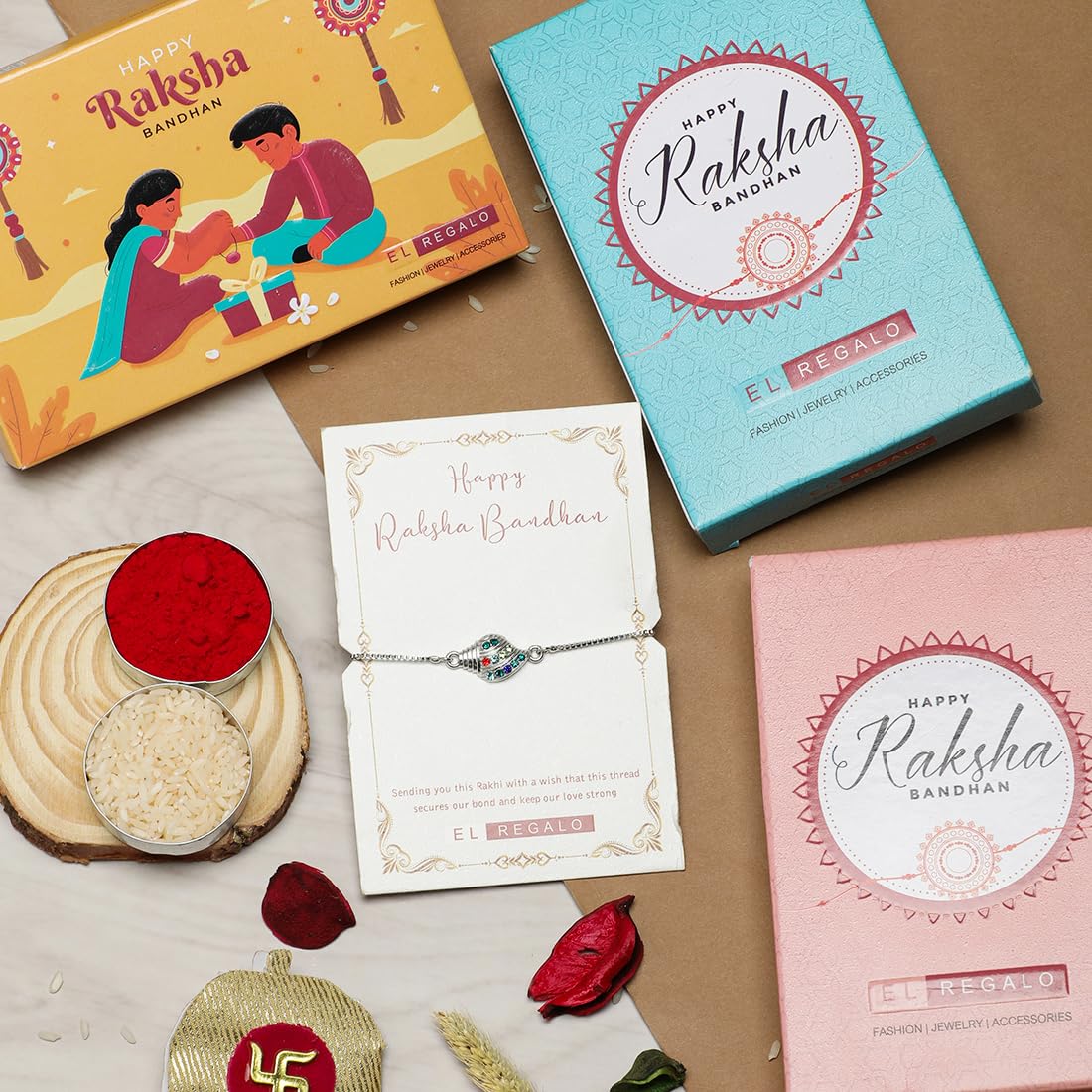 El Regalo 1PC Auspicious CZ Shell Bracelet Chain Rakhi for Brother- Designer Sankh Rakhi with Roli Chawal, Message Card in Rakhi Gift Box for Bhaiya/Bhabhi/Niece or Nephew