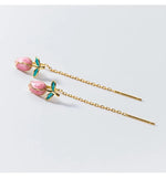 El Regalo Tulip Flower Threader Tassel Earrings for Women Teen Girls- Pink Flower Bud Dangling Chain Studs Earrings- Needle Thread Earrings