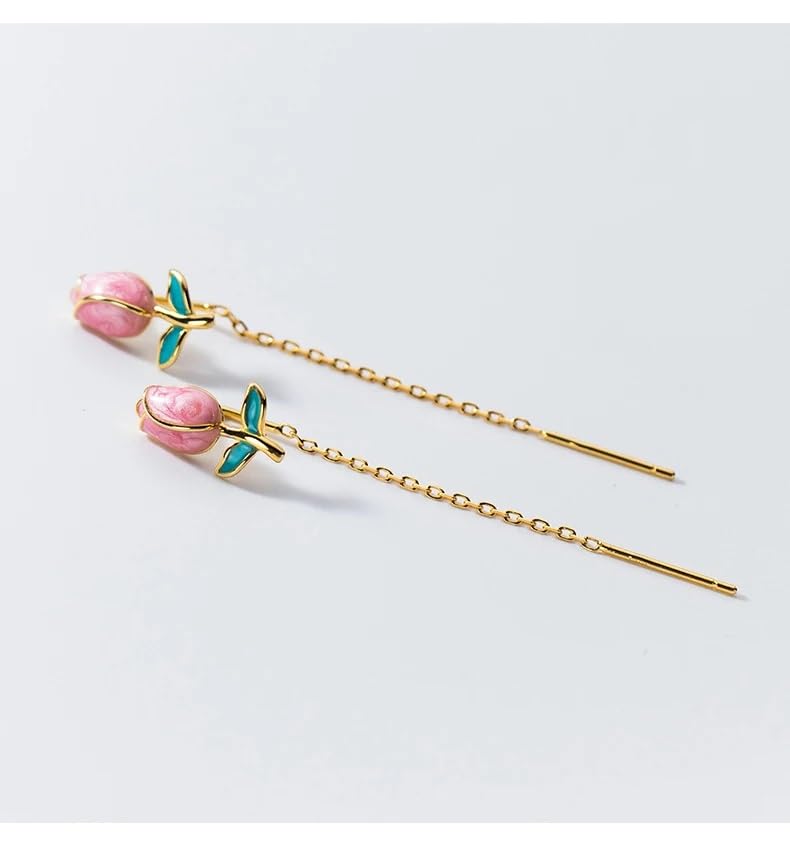 El Regalo Tulip Flower Threader Tassel Earrings for Women Teen Girls- Pink Flower Bud Dangling Chain Studs Earrings- Needle Thread Earrings
