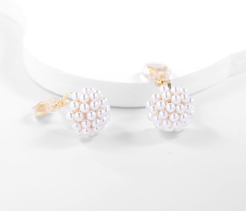 El Regalo Clip-On Pearl Earrings for Women - Vintage Style Non-Pierced Elegant Stud Earrings with Simulated Pearl Cluster - Comfortable & Secure Fake Earrings