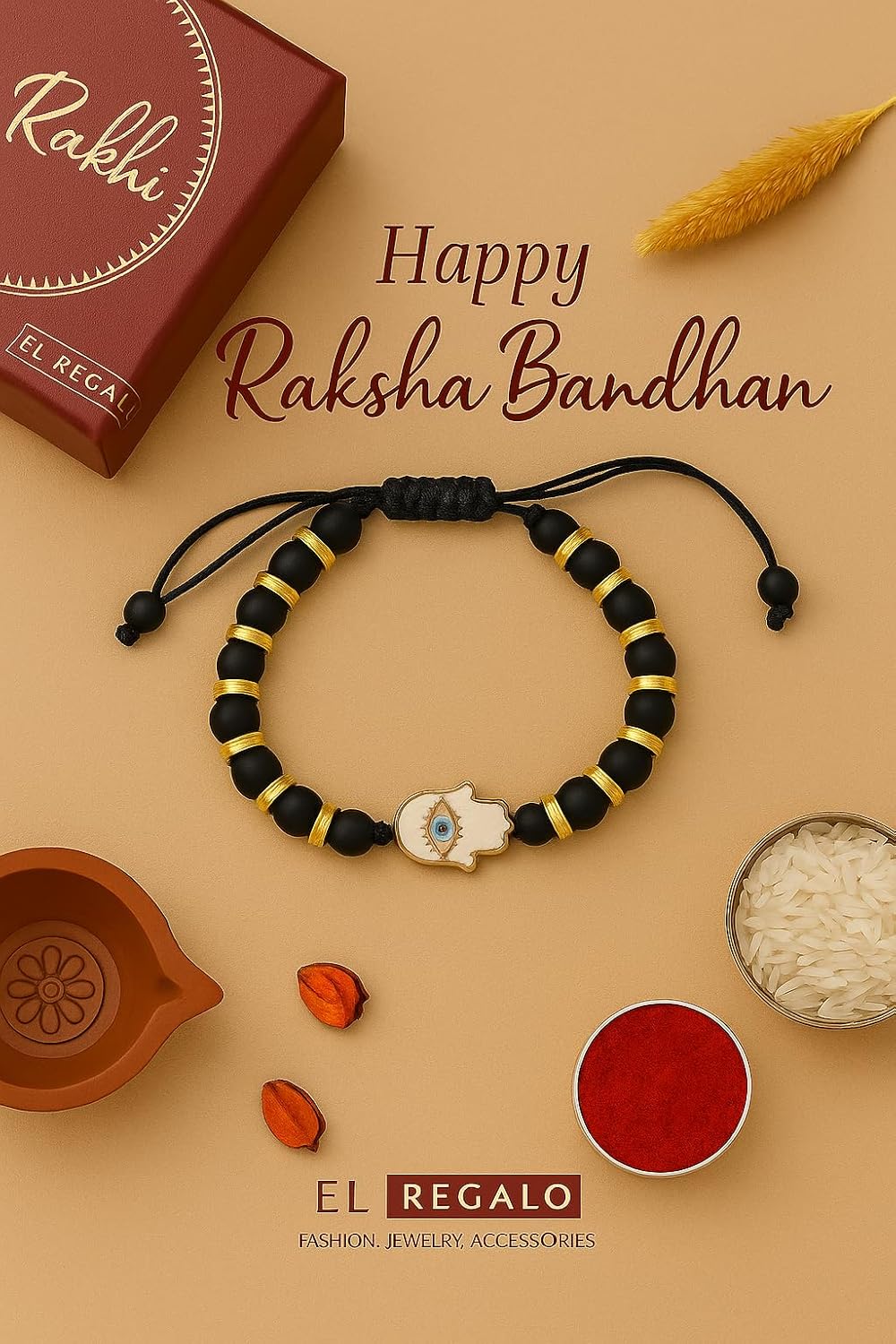 El Regalo Elegant Evil Eye/Hamsa Hand Rakhi for Brother- Beautiful Bracelet Rakhi for Bhai with Roli Chanwal, Message Card in Rakshabandhan Box (Hamsa Hand)