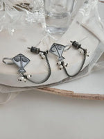 El Regalo Ethnic Oxidized Kite & Chkari Ear Cuffs - Handmade Silver Lookalike Ghunghru Earrings with Ear Clips for Women & Girls - Antique Brass Earrings with Chain Connection