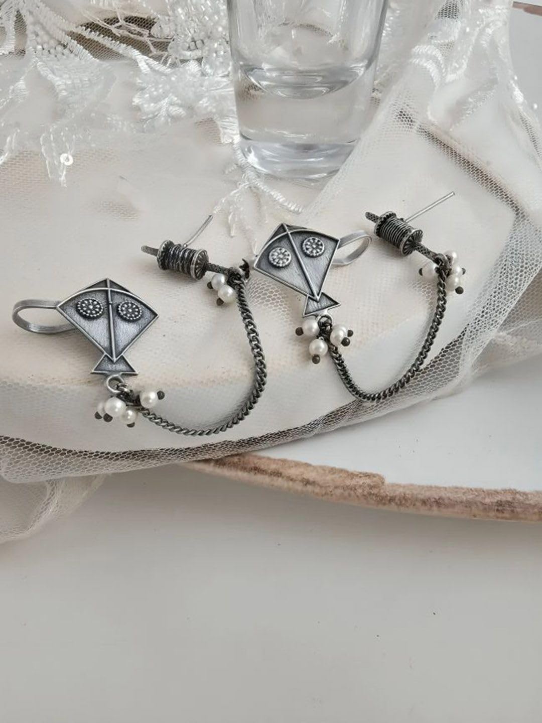 El Regalo Ethnic Oxidized Kite & Chkari Ear Cuffs - Handmade Silver Lookalike Ghunghru Earrings with Ear Clips for Women & Girls - Antique Brass Earrings with Chain Connection