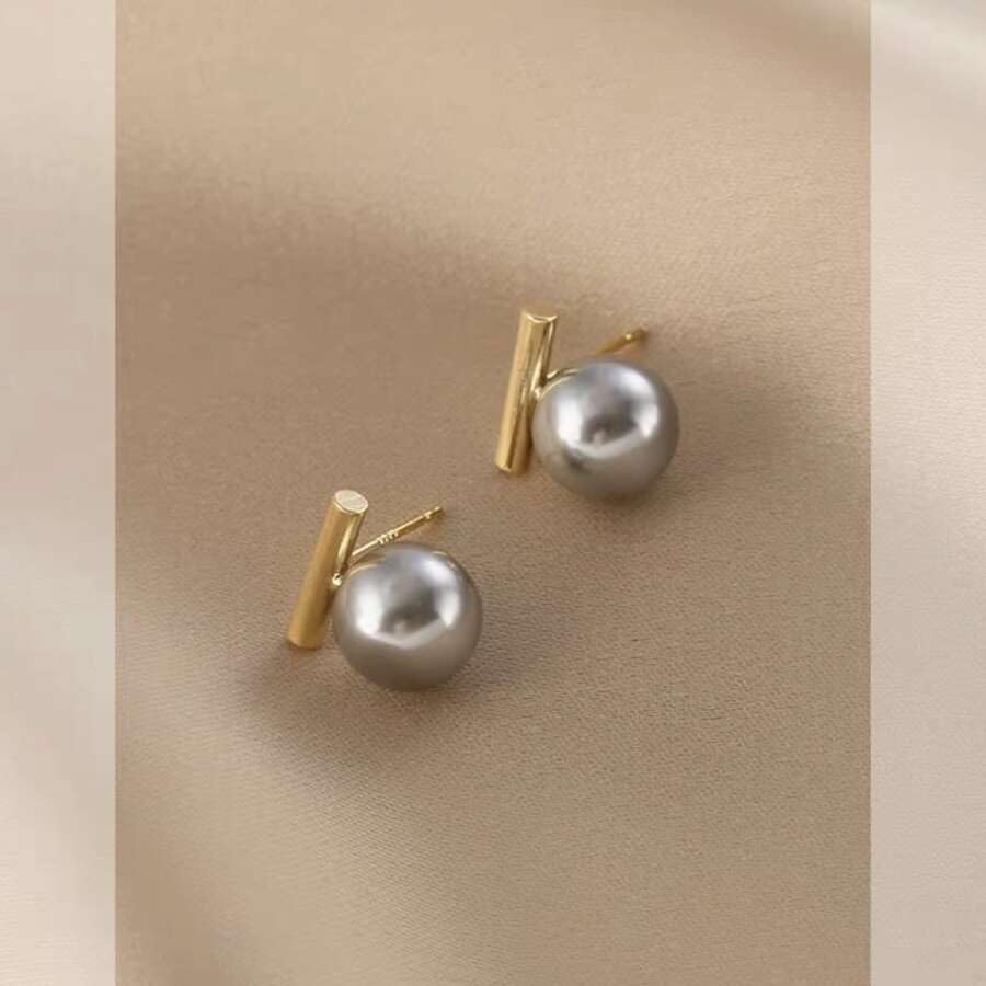 El Regalo 1pair Copper Imitation Faux Pearl Grey Color for Girls & Women- Elegant, Western Versatile Pearls Stud Earrings (Gold)