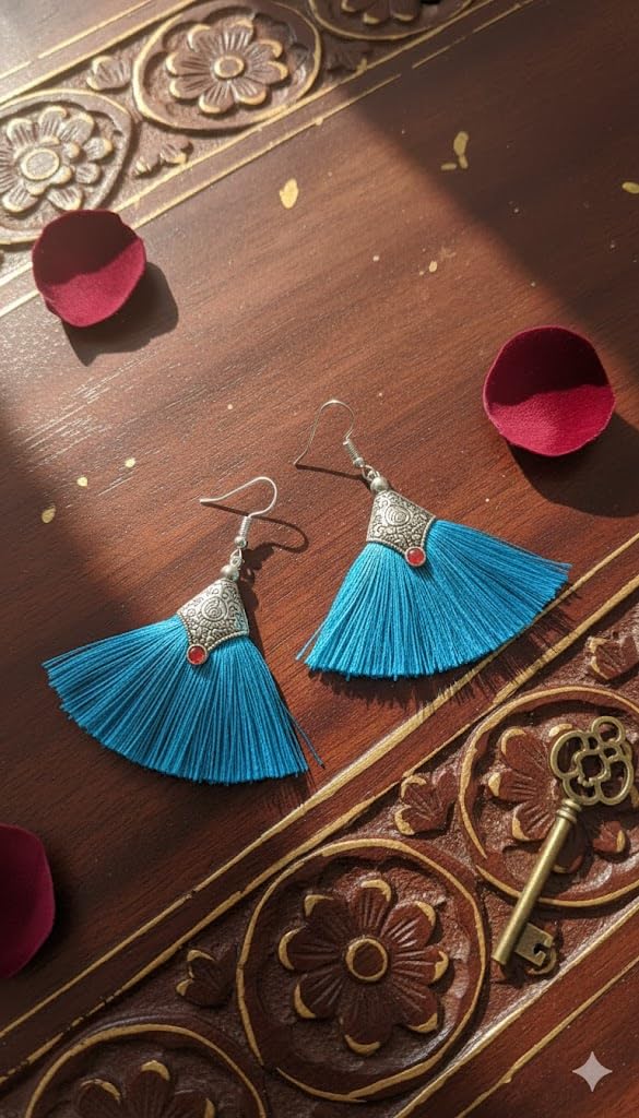 El Regalo Tribal Boho Tassel Earrings for Women & Girls | Oxidised Silver Finished Silk Thread Dangle & Drop Earrings | Handcrafted Bohemian Statement Jewellery for Ethnic, Western & Fusion Clothes (Sky Blue)