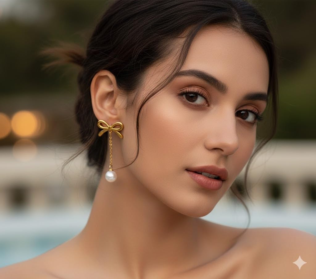 El Regalo Elegant 18K Gold Plated Stainless Steel Drop Earrings for Women & Girls | Tarnish-Free, Waterproof, Hypoallergenic Statement Fancy Western Earring Collection | Variations: Bow, Moon & Star, Starfish, Knot | For Office, Party & Gifting (Pearl Bow