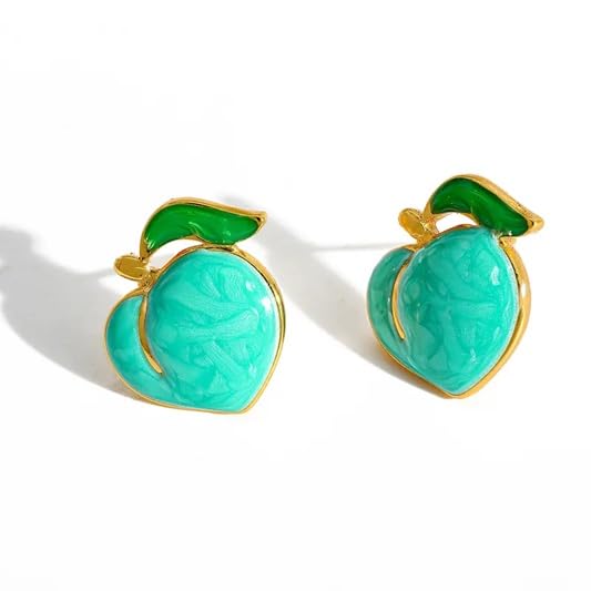 El Regalo Cute Gold Plated Stainless Steel Oil Drop Peach Stud Earrings for Girls & Women | Hypoallergenic Fruit Themed Fashion Earrings (Mint Green)