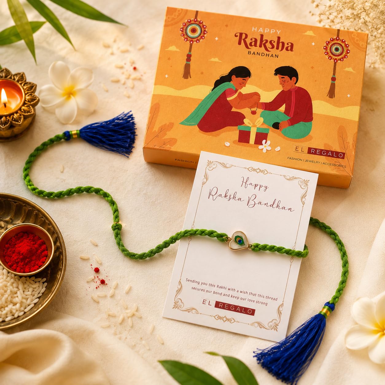 El Regalo Peacock Feather Rakhi for Brother, Traditional Mor Pankh Designer Thread Rakhi with Blue Tassels for Bhaiya