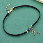 El Regalo Western Cubic Zirconia Butterfly Tassel Choker Necklace for Girls/Women- Black Faux Leather Collar Necklace with Butterfly