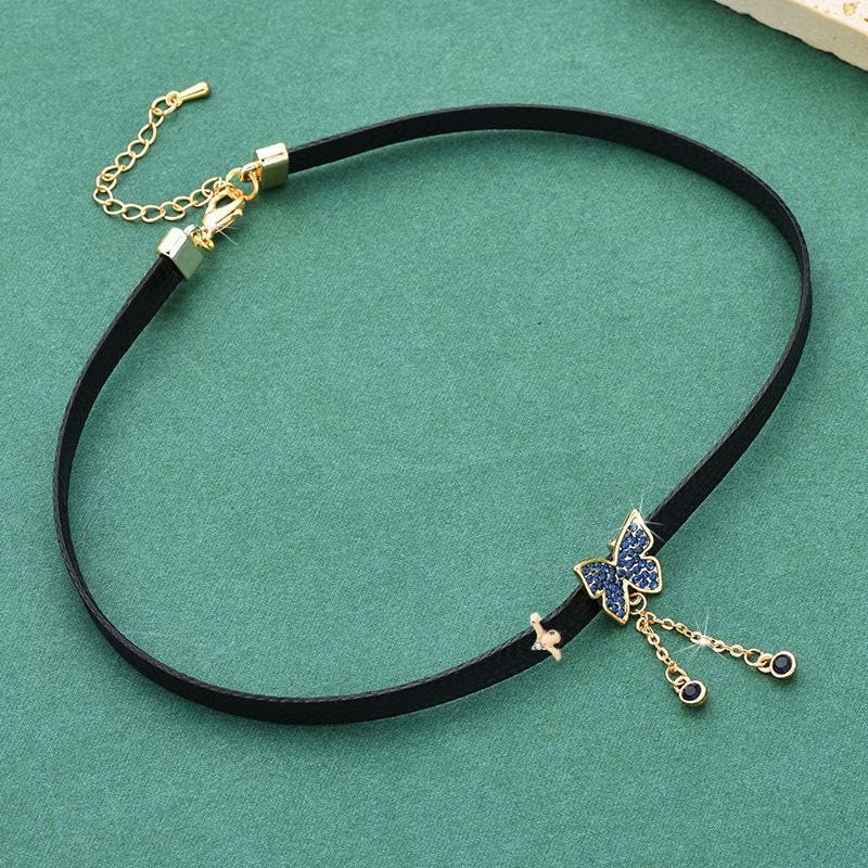 El Regalo Western Cubic Zirconia Butterfly Tassel Choker Necklace for Girls/Women- Black Faux Leather Collar Necklace with Butterfly
