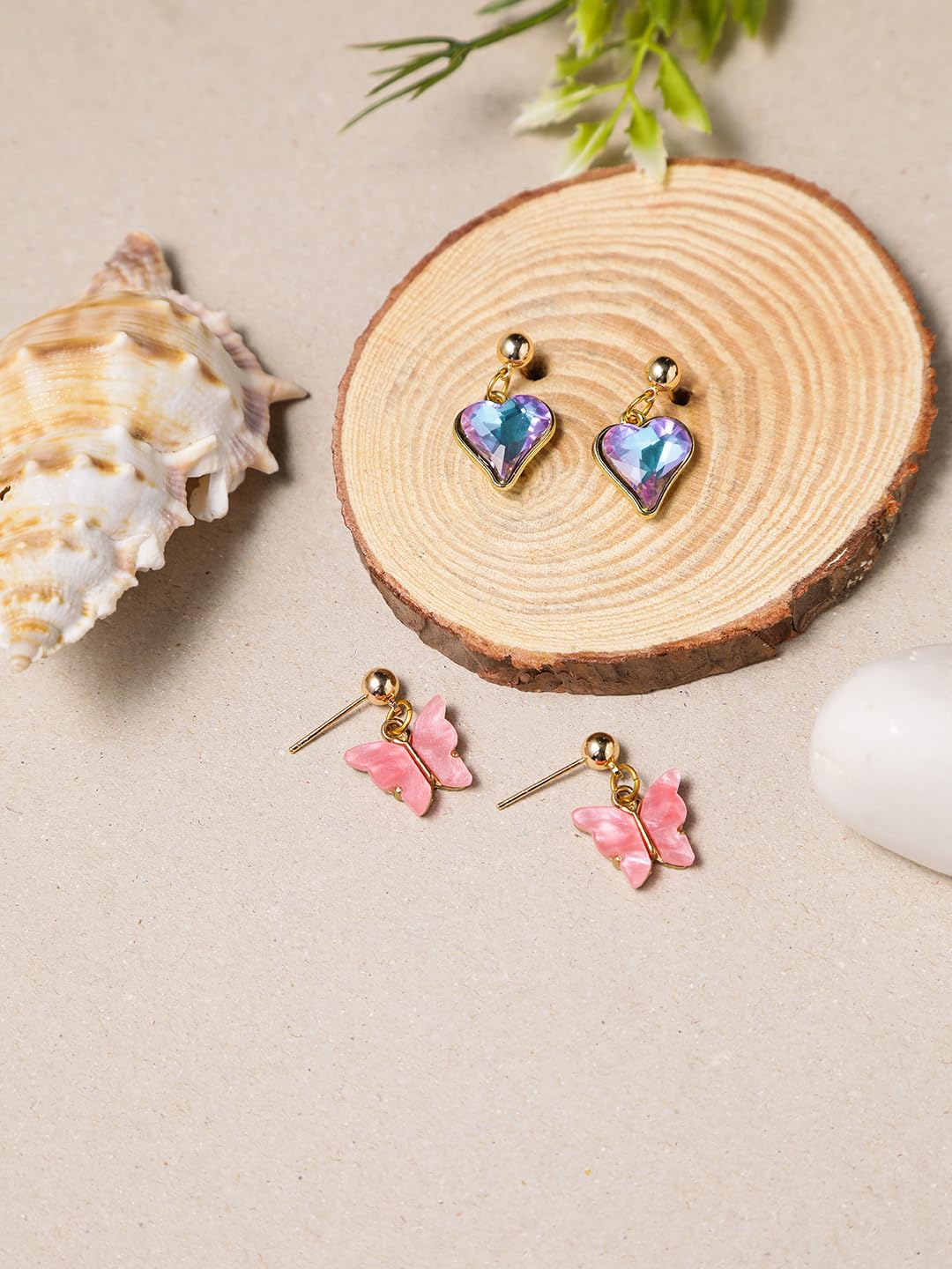 El Regalo 2Pairs Cute Heart & Butterfly Stud Earrings Combo for Girls, Teens & Women