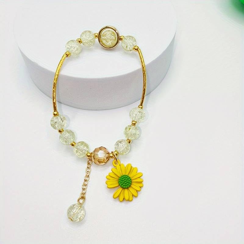El Regalo 1PC Daisy Flower/Sunflower Crackle Beads Stretch Bracelet for Girls & Women- Fancy Floral Bracelets (Yellow)