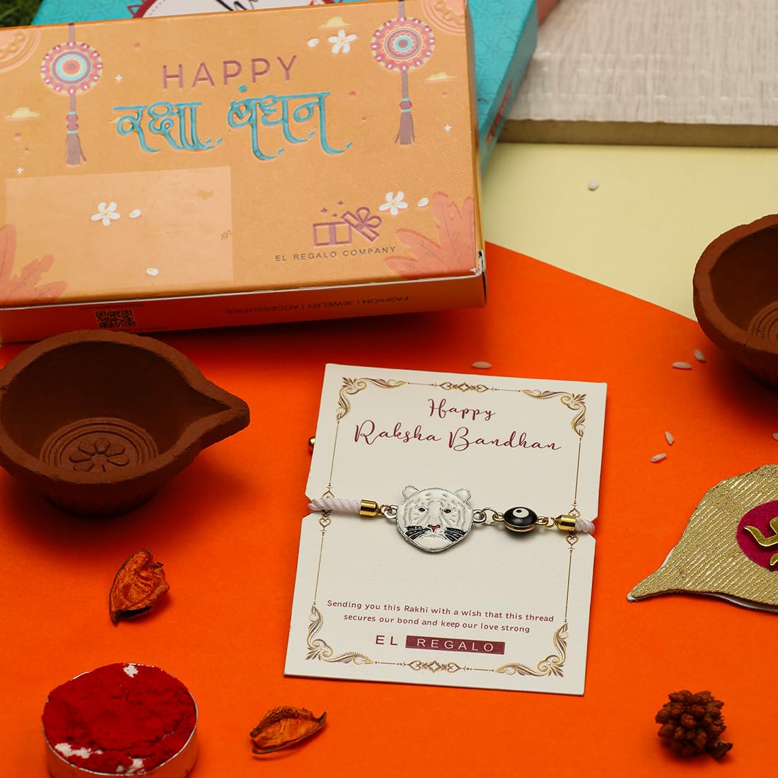 El Regalo Designer Evil Eye Lion Kids Rakhi for Brother- Cute Evil Eye Lion Rakhi with Roli Chawal Shagun, Rakhi Message Card in Rakhi Gift Box for Little Brother (White)