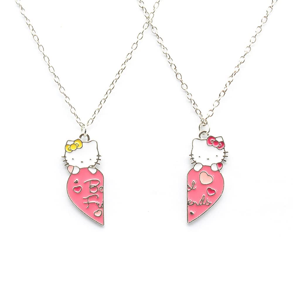 El Regalo 2 PCs BFF Kitty Cat Necklace for Best Friends- BFF 2 Besties Pink Matching Heart Necklace for Kids/Girls