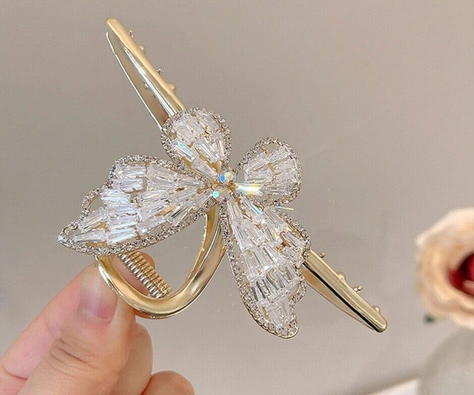El Regalo Fancy Large Shark Hair Clutcher Clip - Metal Rhinestone Crystals Butterfly Hair Claw for Women - Wedding/Party Hair Accessories