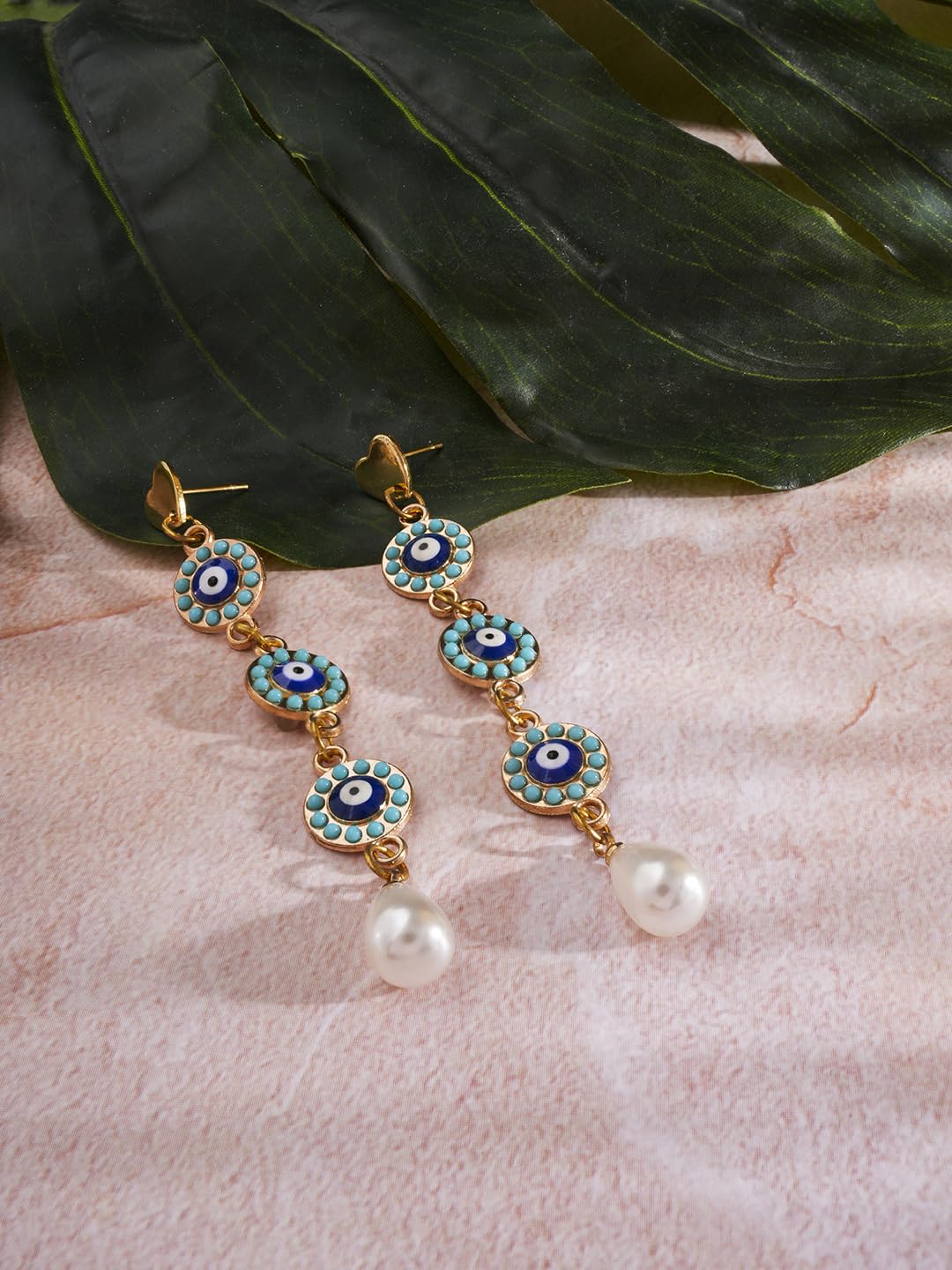 El Regalo Elegant Long Evil Eye Pearl Heart Stud Earrings- Fancy Evil Eye Statement Earrings with Pearl Drop for Women