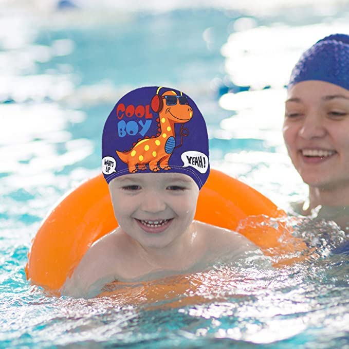 El Regalo 2 PCs Swim Cap Kids/Toddlers, Comfortable Breathable Polyester Fabric Swimming Caps Cute Cartoon Dolphin, Shark, Owl, Mermaid Fairy, Unicorn, Giraffe Swim Caps (Dinosaur & Blue Owl)