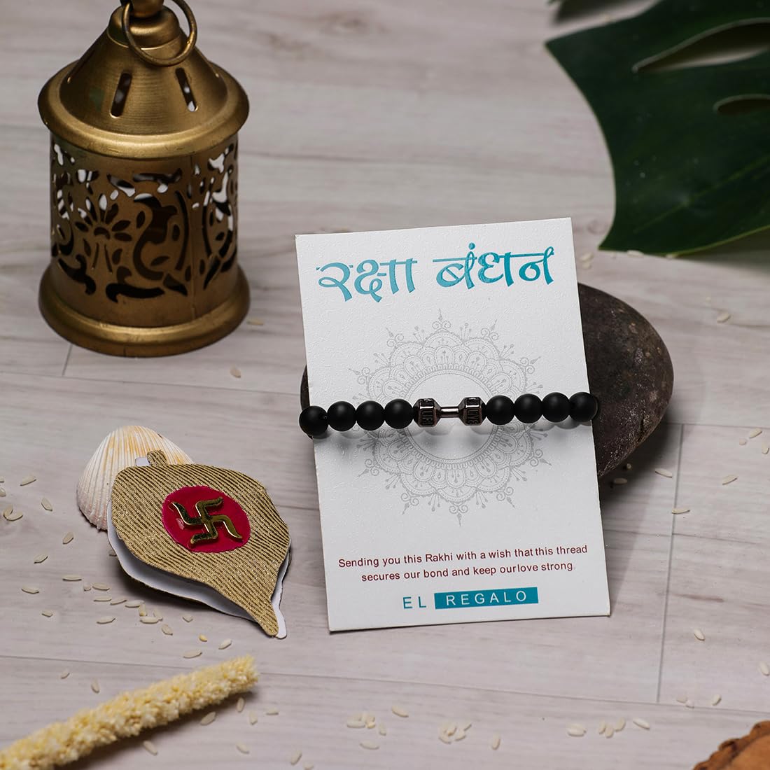 El Regalo 1pc Gymheads Dumbbell Bracelet Rakhi for Gym Lover Brother- Gym Rakhi with Roli Chawal, Rakhi Message Card in Gift Box (Black)