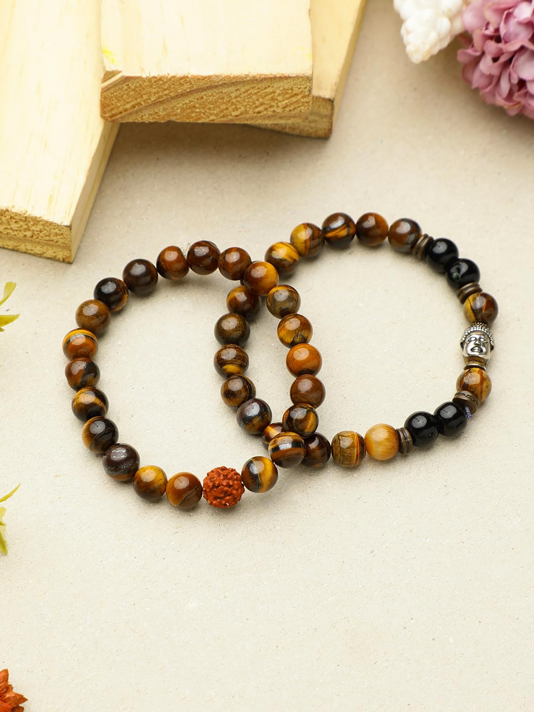 El Regalo 2 PCs Natural Tiger Eye Beads Stretch Unisex Bracelet for Men & Women with Hamsa Hand, Rudraksha, Elephant & Budhdha Charms (Rudraksha & Budhdha)