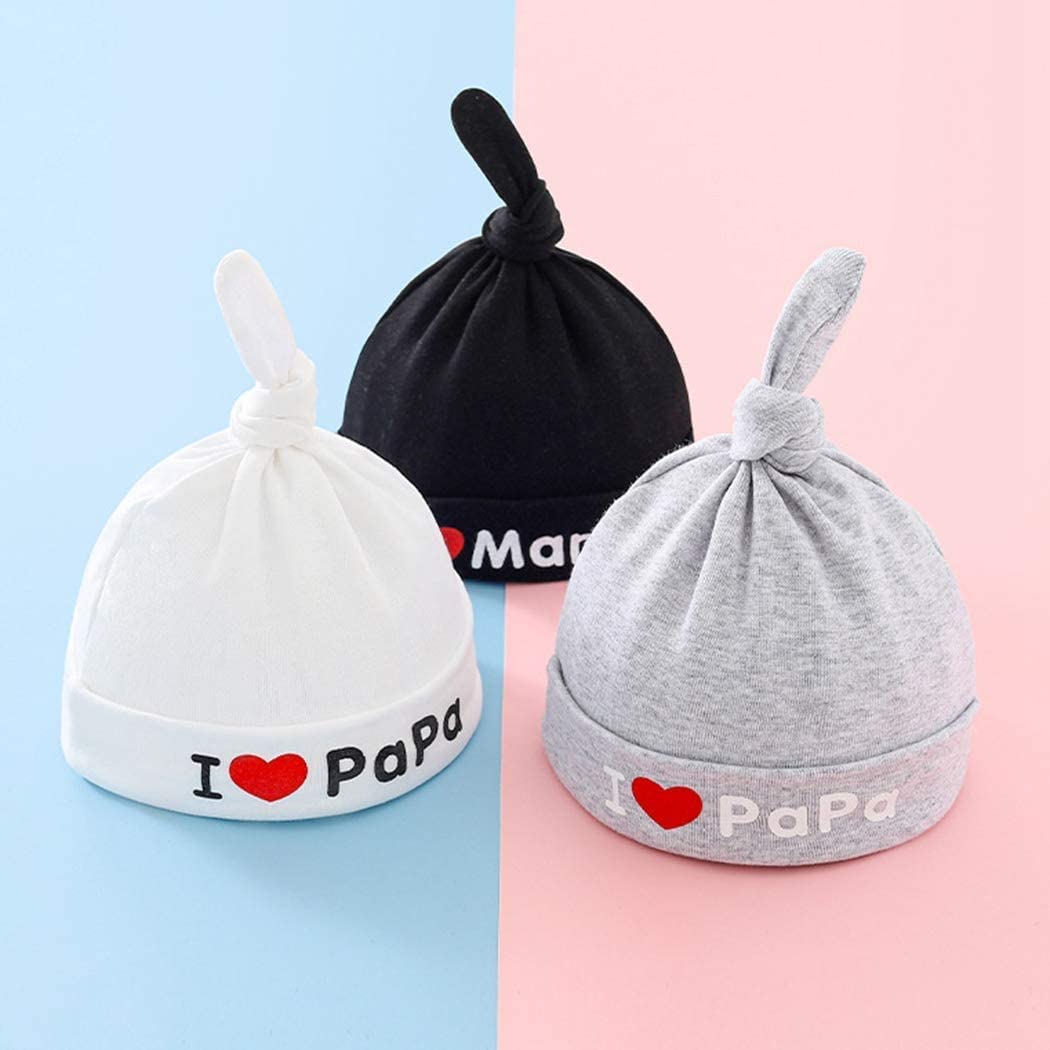 El Regalo 2 PCs I Love Papa/I Love Mama Soft Beanie Knot Unisex Caps for Babies Girls/Boys - Autumn- Spring Newborn Cozy Hat Knot Infant Hat (Black Mama-Papa)