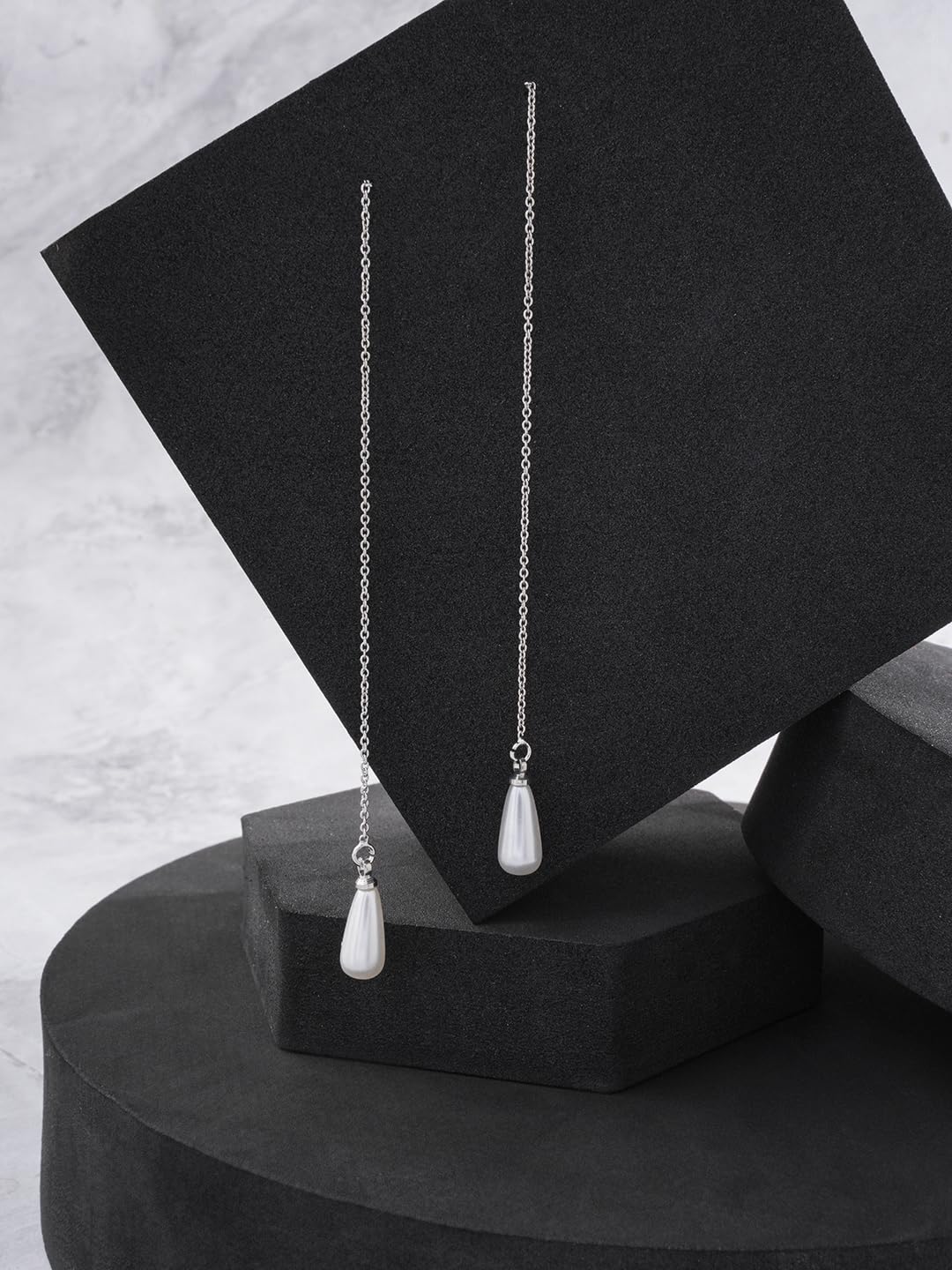 El Regalo 1 Pair Long Needle- Threader Earrings- Trendy, Contemporary, Fashionable Sui Dhaaga Earrings with Pearl-Shell, Butterfly, Pearl Drops, Heart, Mermaid Charms (Silver Drop Pearl Threader)