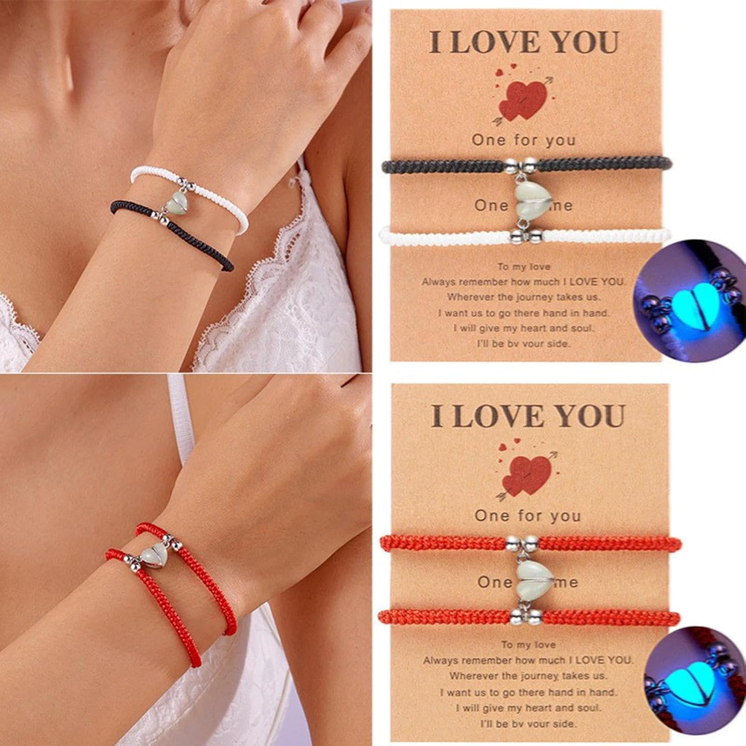El Regalo 2PCs Luminous Hearts Love Couple Best Friend Hand Woven Adjustable Bracelets Set- BFF Glow in Dark Jewelry (No Tapping) (Red)
