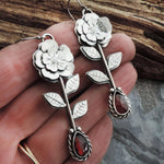 El Regalo Vintage Rose Red Crystal Silver Earrings- Trendy Vintage Bohemian Ethnic Flower Drop Statement Earrings for Women/Girls