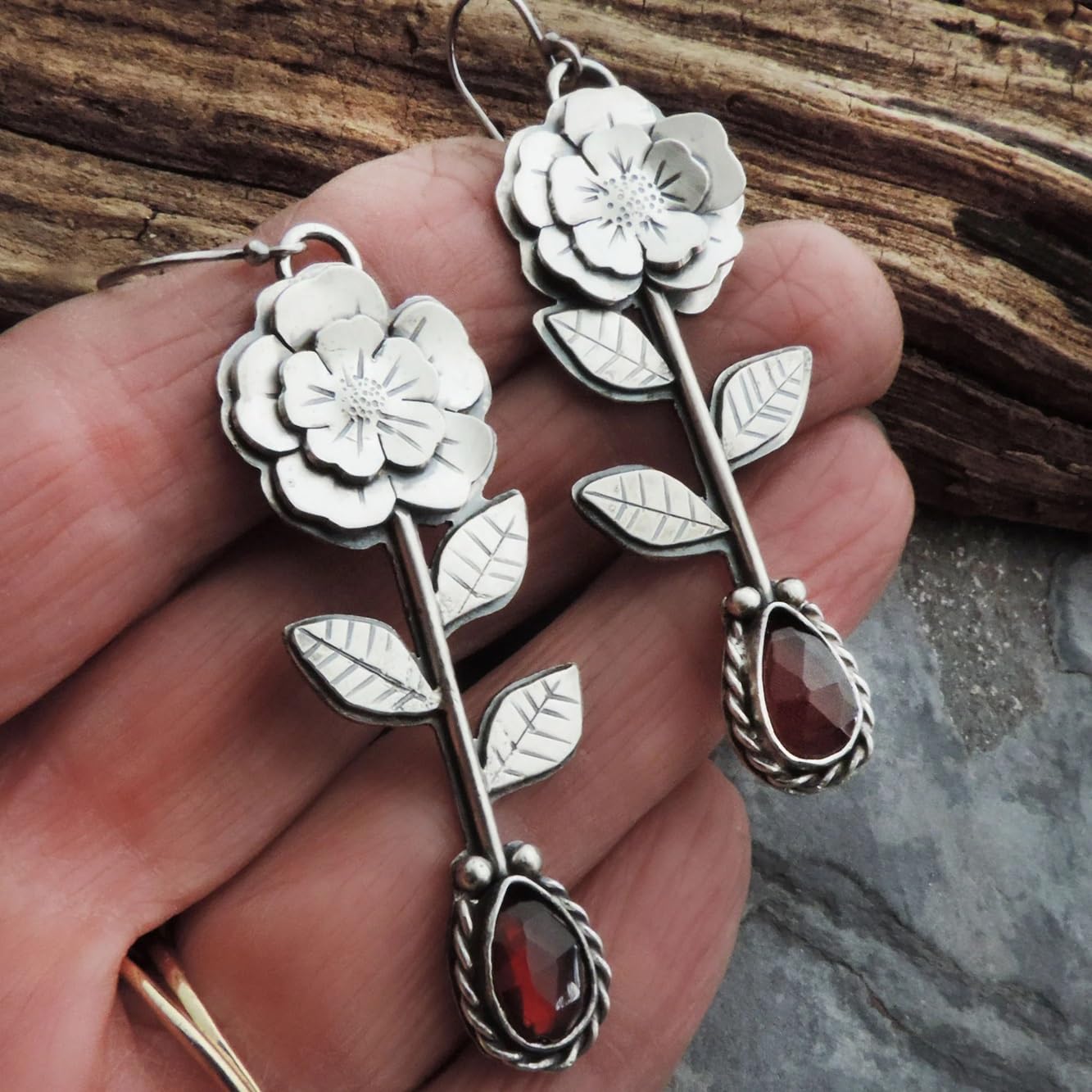 El Regalo Vintage Rose Red Crystal Silver Earrings- Trendy Vintage Bohemian Ethnic Flower Drop Statement Earrings for Women/Girls