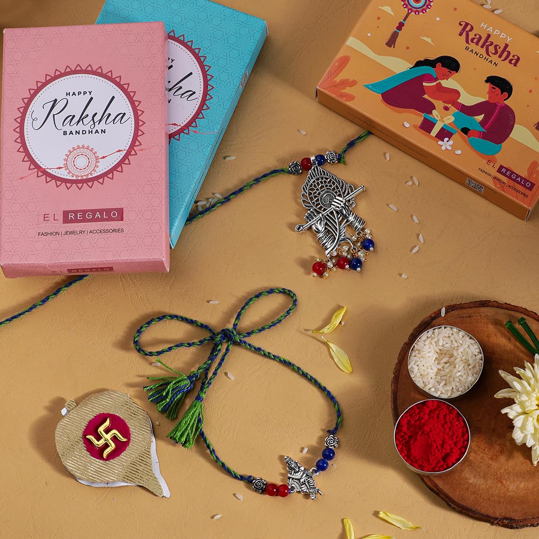 El Regalo Designer Bhaiya- Bhabhi Rakhi Luma/Lumba Set- Kundan, Pearls Rakhi with Roli Chawal in Gift Box- Luma Convertible into Necklace (Option-8)