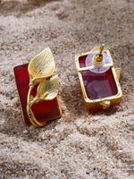 El Regalo Fancy Leaf Raw Stones Stud Brass Contemporary Earrings - Gold Plated Matte Finish Stone Studs for Girls and Women (Red)