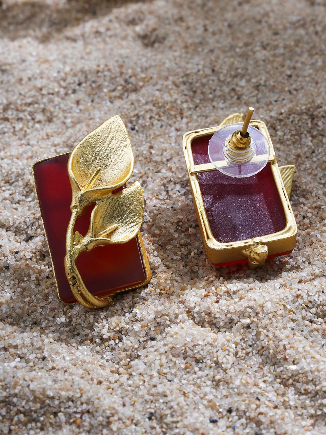 El Regalo Fancy Leaf Raw Stones Stud Brass Contemporary Earrings - Gold Plated Matte Finish Stone Studs for Girls and Women (Red)
