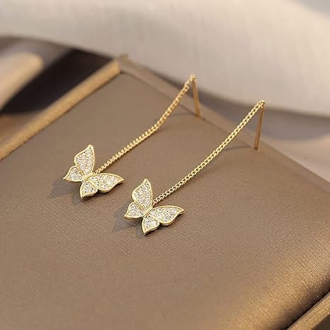 El Regalo CZ Butterfly Threader Chain Earrings for Women, Teen Girls- Butterfly Dangling Earrings- Rhinestone Butterfly Long Tassel Threader Dangle Earrings (Gold)