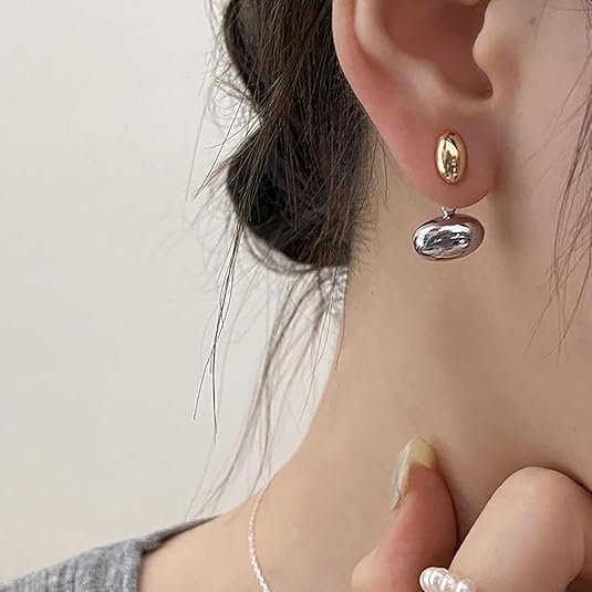 El Regalo Tiny Two Tone Teardrop Stud Earrings for Girls & Women- 2-in-1 Gold Silver Front Back Oval Bean Dangle Earrings
