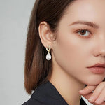El Regalo Minimalist CZ Pearl Drop Earrings for Women | Korean Style Dangle Hoop Earrings | Gold & Silver Plated Cubic Zirconia Pearl Earrings | Elegant Daily Fashion Jewellery for Girls (Silver- Drop)