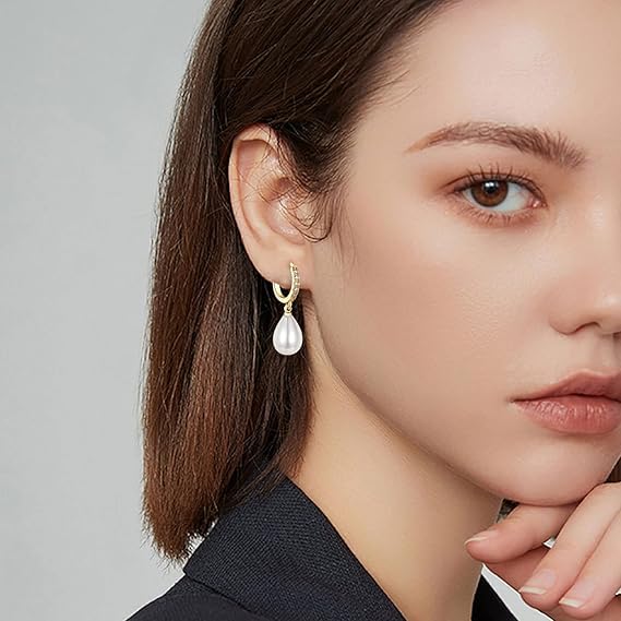 El Regalo Minimalist CZ Pearl Drop Earrings for Women | Korean Style Dangle Hoop Earrings | Gold & Silver Plated Cubic Zirconia Pearl Earrings | Elegant Daily Fashion Jewellery for Girls (Silver- Drop)