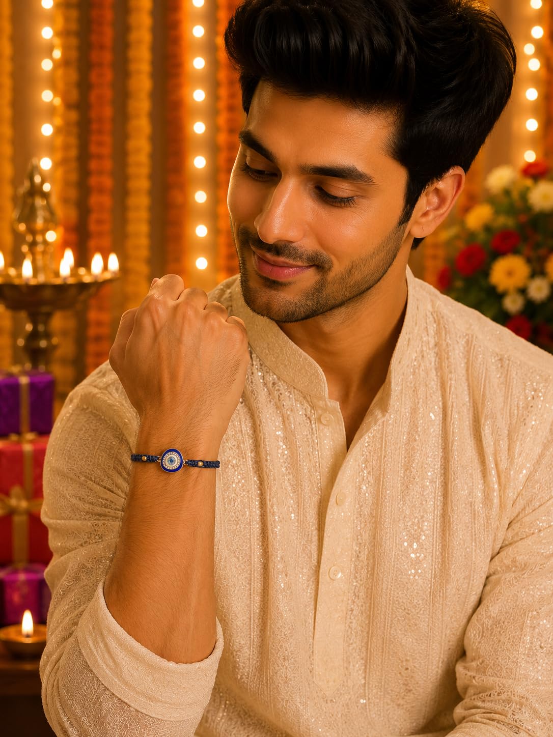 El Regalo Evil Eye CZ Bracelet Rakhi for Brother with Roli Chawal in Gift Box (Option-1)