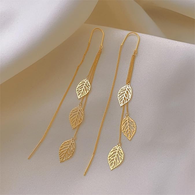 El Regalo 925 Silver Plated Flower Threader Earrings- Needle Threader Long Tassel Earrings for Girls & Women (Leaves Threader)