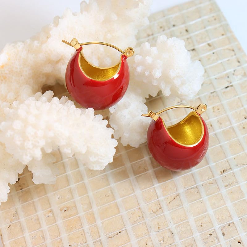 El Regalo Chunky 18K Gold Plated Enamel Hoop Earrings for Women & Girls | Elegant Bold Teardrop Huggie Hoops | Fancy Western Statement Jewellery | Glossy Curved Design for Casual Wear, Office & Party (Deep Crimson Red)