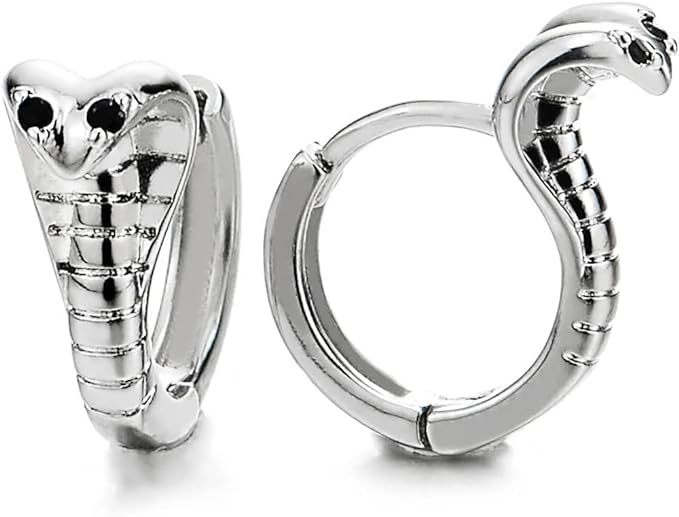 El Regalo 1pair Retro Fashion Cobra Snake Earrings- Punk Snake Black Zirconia Eye Stainless Steel Huggie Ear Cuff Unisex Earrings for Men & Women