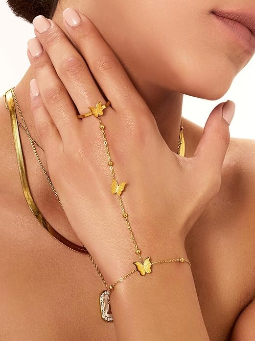 El Regalo 1PC Stainless Steel Non-Tarnish Hand Chain Bracelet with Finger Ring | Elegant & Trendy Adjustable Golden Bracelet for Women & Girls (Butterfly)