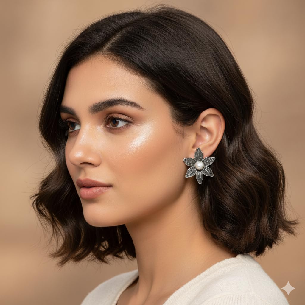 El Regalo Oxidized Rose Flower Statement Earrings- Silver Lookalike Brass Floral Ghungroo Earrings with Antique Silver Finish for Women