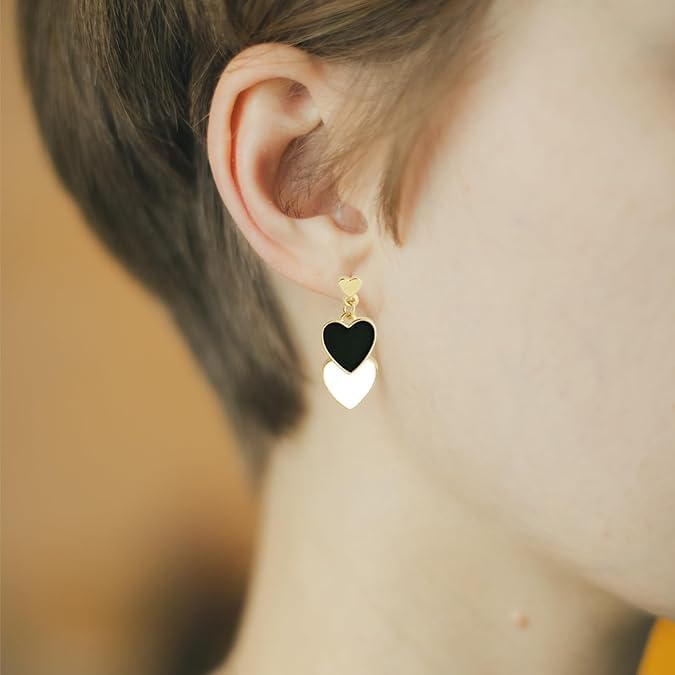 El Regalo 1 Pair Double Love Heart Drop Earrings- Valentine's Day Gift- Two Tone Oil Drop Heart Dangle Earrings for Girls & Women (Black + White)