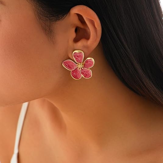 El Regalo Enameled Flower Stud Earrings for Women- Trendy Statement Big Flower Earrings (Magenta Red)