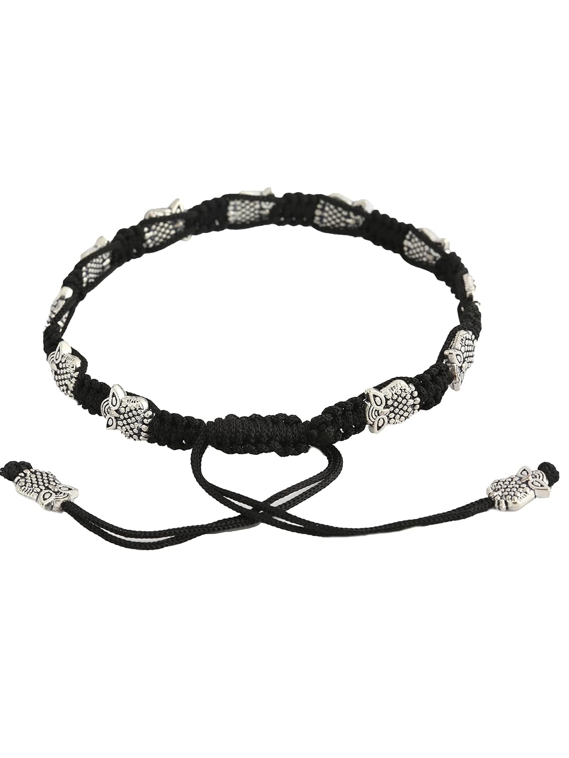 El Regalo 1 PC Boho Macrame Adjustable Oxidized German Silver Bead Nazabattu Anklet for Girls & Women- 1 Leg Bohemian Tribal Thread Anklet (Owl Nazarbattu Anklet)
