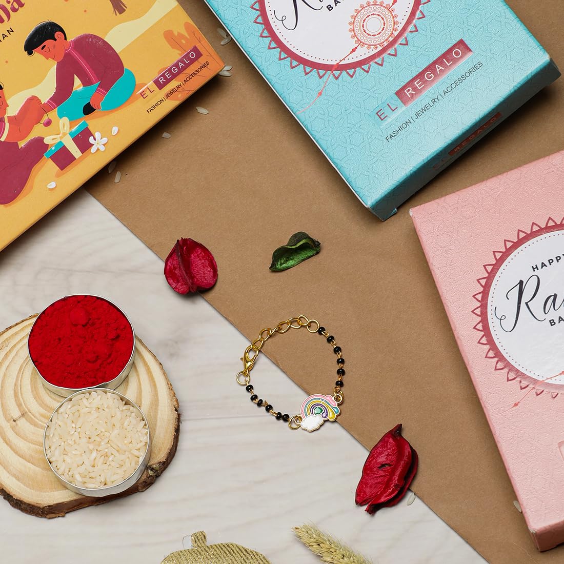 El Regalo 1PC Cute Kids Nazaria Rakhi for Little Brother - Kids Chrams Nazaria Rakhis for Babies/Toddlers with Roli Chawal, Rakhi Message Card in Rakhi Gift Box (Rainbow Cloud Nazaria)