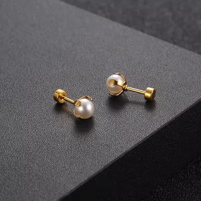 El Regalo 2 Pairs Pearl Stud Earrings for Women & Girls - Earrings Combo Set | 18K Gold Plated Anti Tarnish Stainless Steel | Hypoallergenic, Waterproof Studs Jewelry Combo (Classic & Bezel Style)
