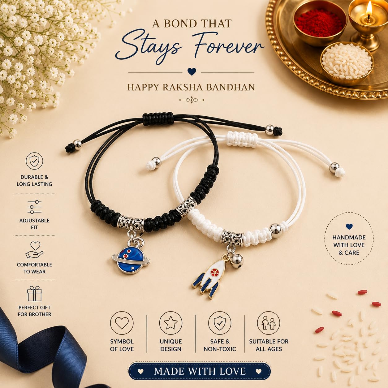 El Regalo 2PCs Kids Rakhi Combo Set for Brother- Space Theme (Planet & Rocket) Charms Bracelets with Roli Chawal, Rakhi Message Card in Rakshabandhan Box