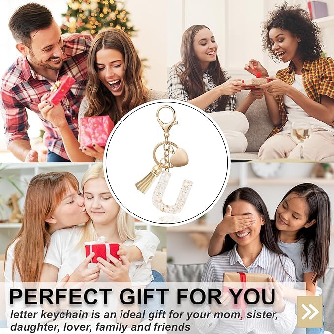 El Regalo Name Initials Letter Heart Charm Keychain - Personalized Resin Initial Keyring with Tassel, Cute & Durable Backpack Charm for Women & Girls (U Letter)