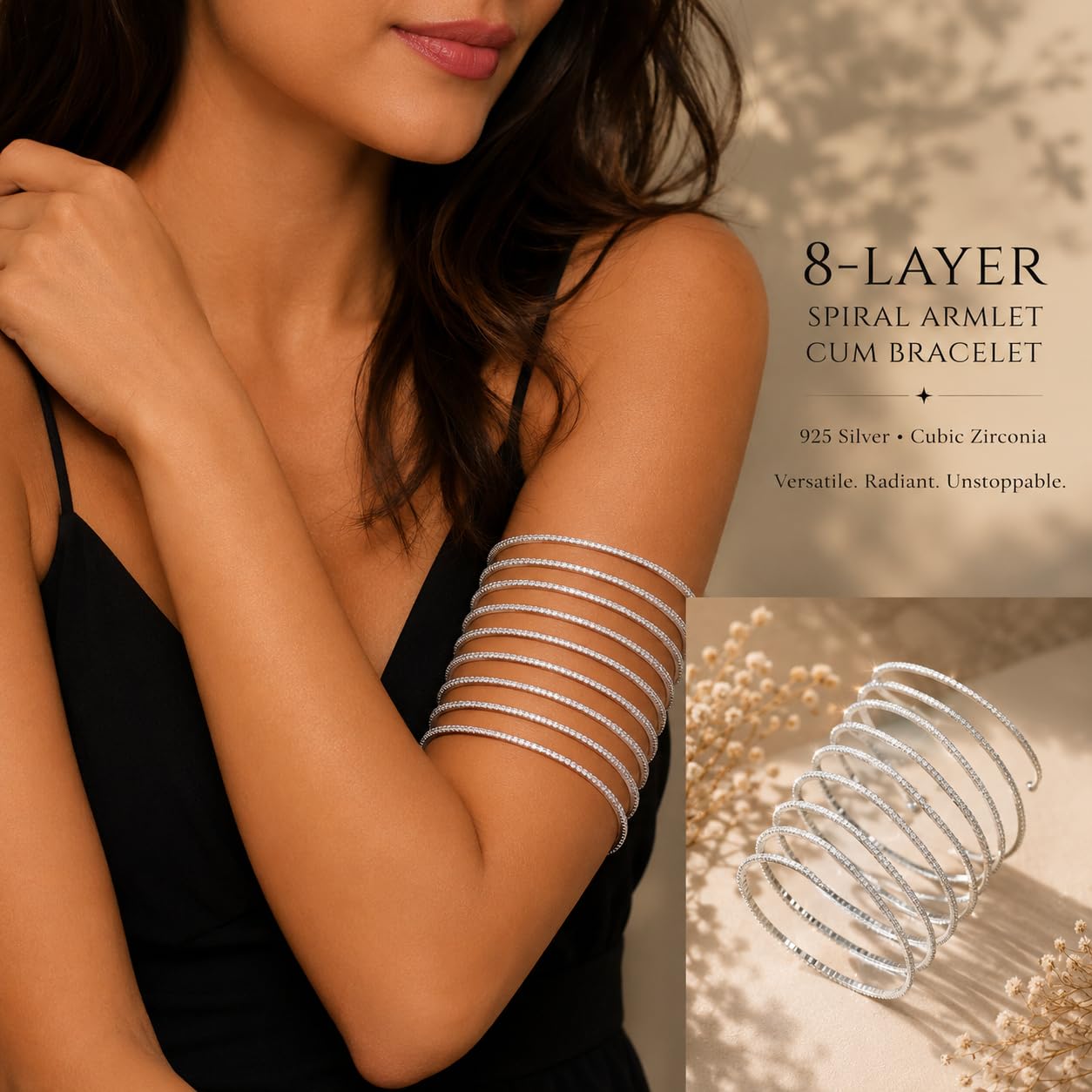 El Regalo Multi Layer Spiral CZ Armlet Cum Bracelet for Women & Girls | Adjustable Upper Arm Bracelet & Wrist Wrap Bangle | Gold Plated Crystal Spiral Arm Cuff | Party, Wedding & Western Jewelry (White)
